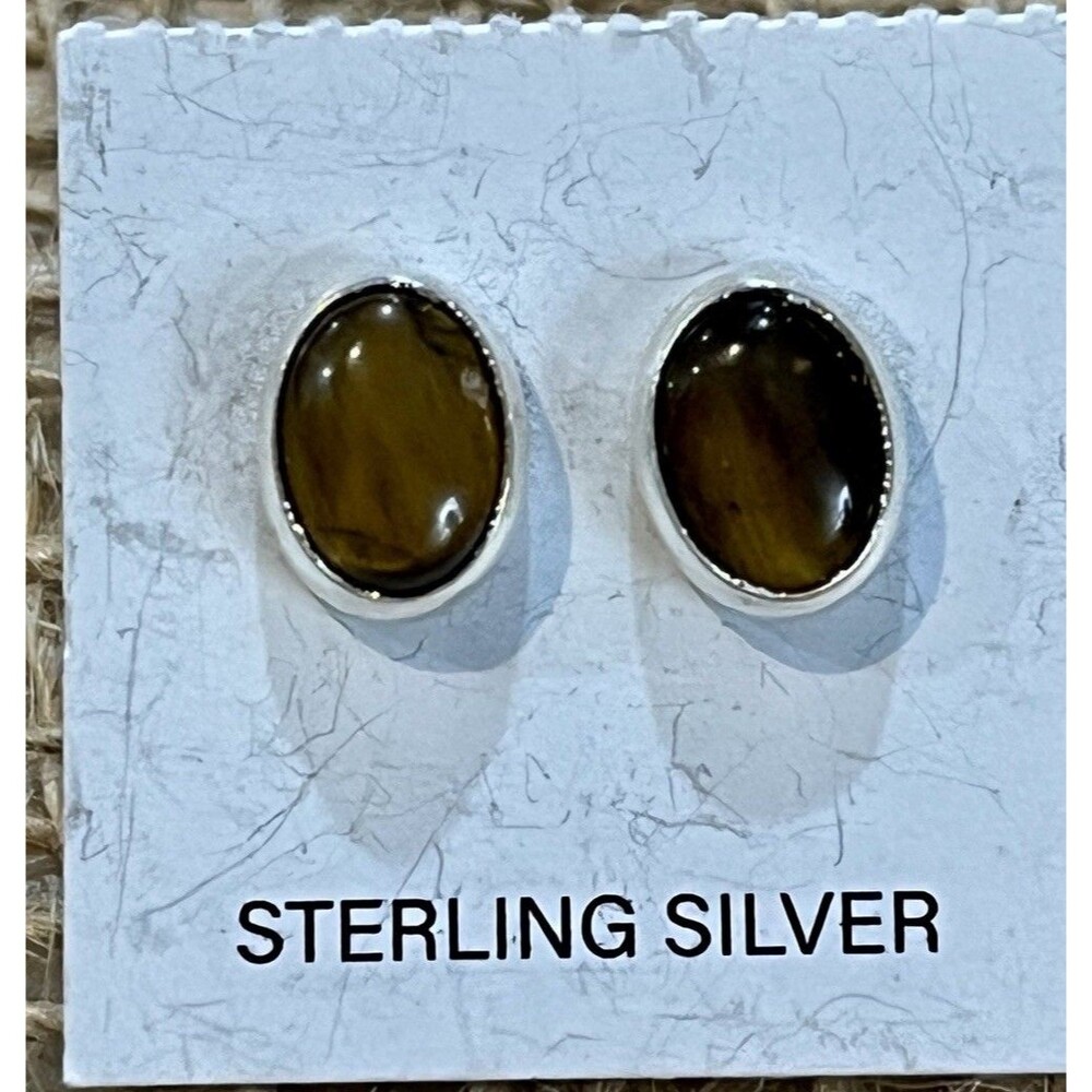 Oval TIGER'S EYE Sterling Silver Gemstone Stud Earrings - 8mm Minimalist